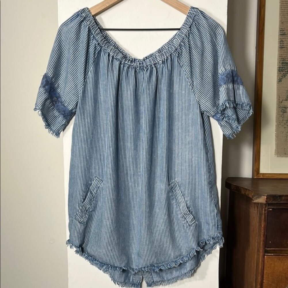 Blue Smocked Short Sleeve Blouse